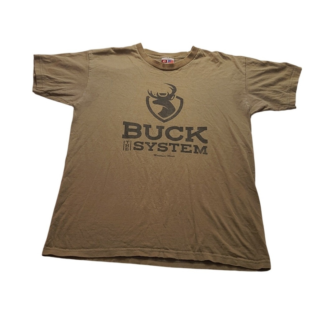 Bayside The Buck System Manitowoc Minute Graphic T-Shirt Tan Men's Large USA